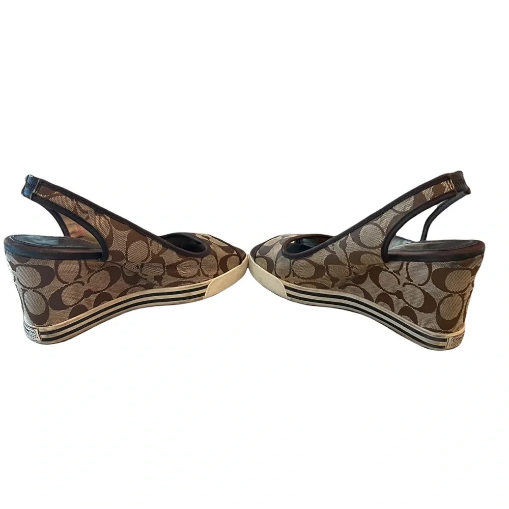 Women’s Genuine Coach Sydney Monogram Peep Toe Wedges 8.5 Brown Tan - Picture 8 of 15